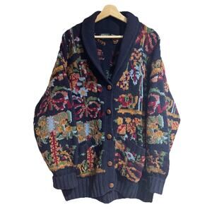 Hammacher Schlemmer Cardigan Shetland Wool Cardigan Heavy Knit Navy Blue Floral